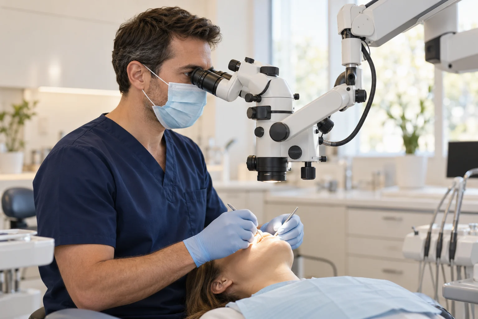 Medic stomatolog utilizând un microscop dentar în timpul tratamentului.