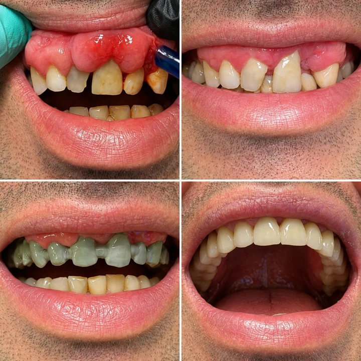 Tratament gingival și punte metaloceramică — fotografii ale etapelor tratamentului